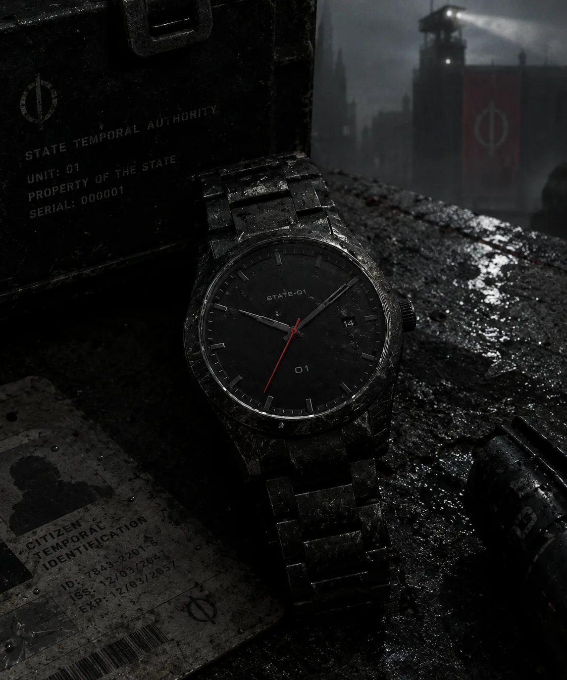 STATE-01 resting on a State Temporal Authority crate beside a citizen temporal identification card, a watchtower behind