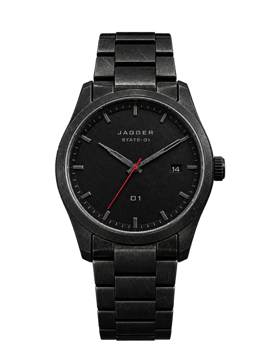 JAGGER STATE-01, front view: matte black dial, red seconds hand, aged black case and bracelet